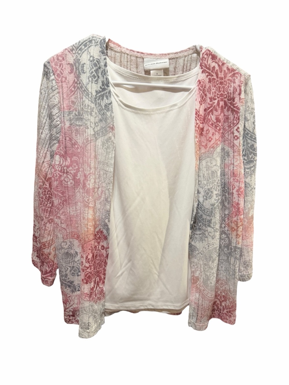Alfred Dunner Pink & Gray Printed Open-Front Cardigan - Picture 2 of 5